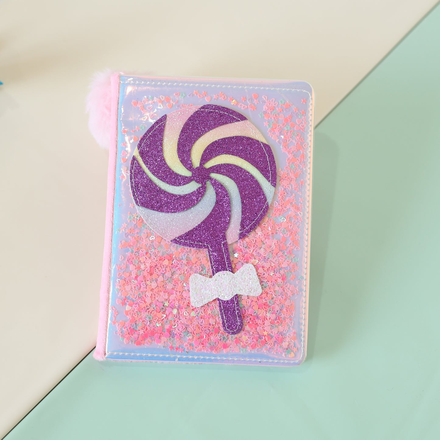 Candy Pop Liquid Glitter Diary with Furry Back & Pom-Pom Bookmark