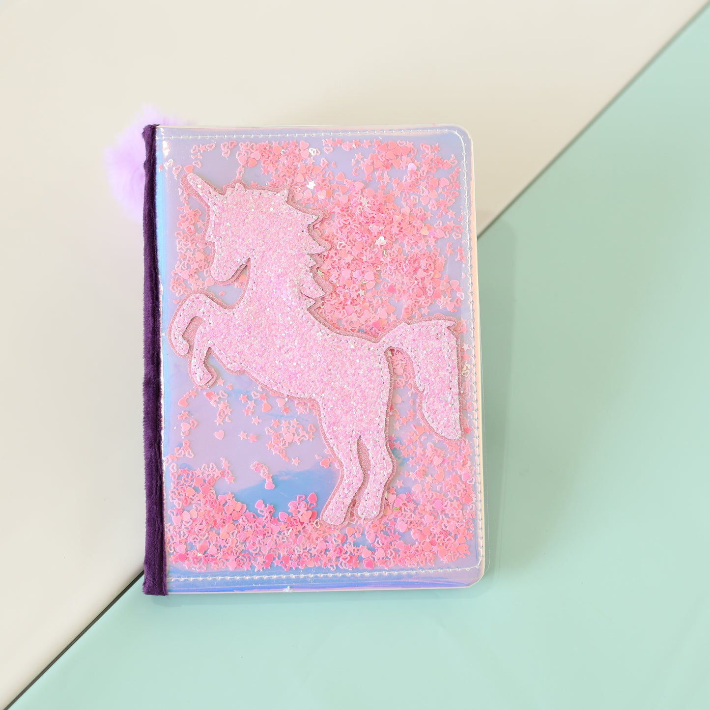 Unicorn Liquid Glitter Diary with Furry Back & Pom-Pom Bookmark