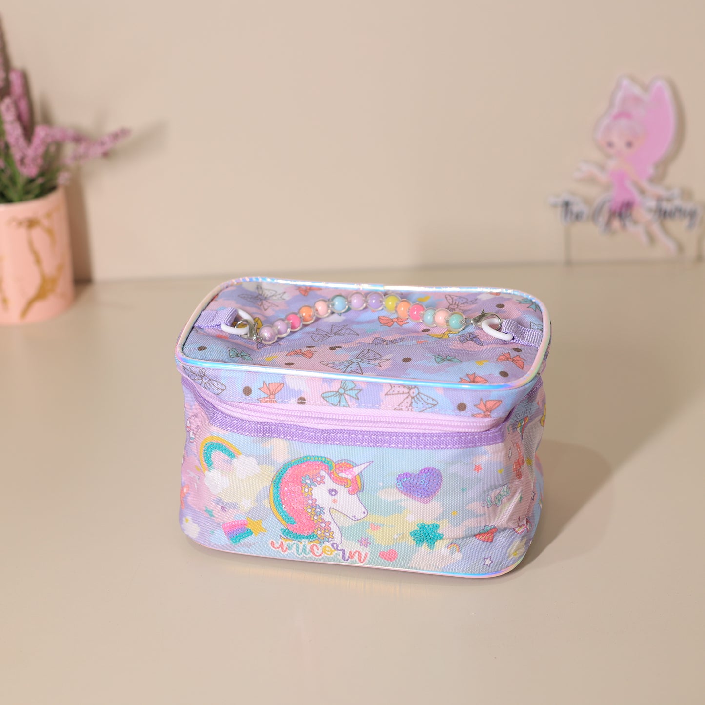 Unicorn Printed Travel Organizer with Beaded Handle – Pastel Purple