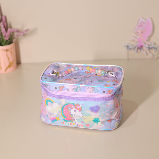 Unicorn Printed Travel Organizer with Beaded Handle – Pastel Purple