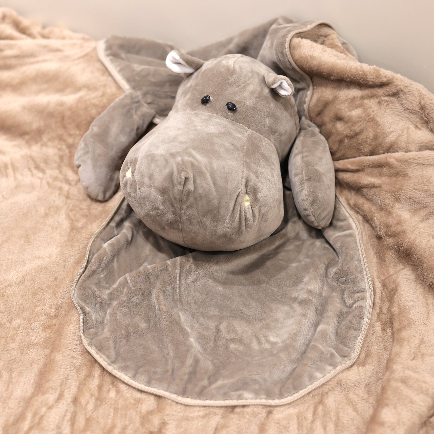 Hippo Soft Toy with Hidden Blanket | Travel-Friendly Plush Comfort.