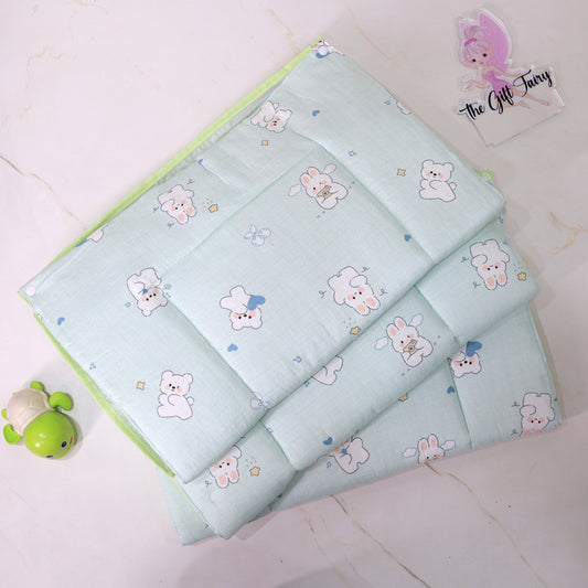 Pure Muslin Baby Mattress Set with 3 Replacement Mattresses + 1 Waterproof Sheet – Mint Bunny Print.