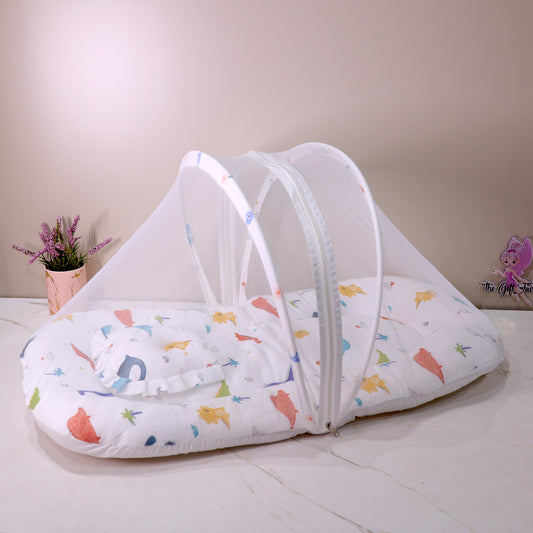 Pure Muslin Foldable Baby Mosquito Net Bed with Mattress and Pillow – Dino Print