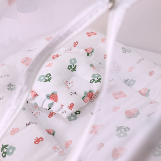 Pure Muslin Foldable Baby Mosquito Net Bed with Mattress and Pillow – Strawberry Print