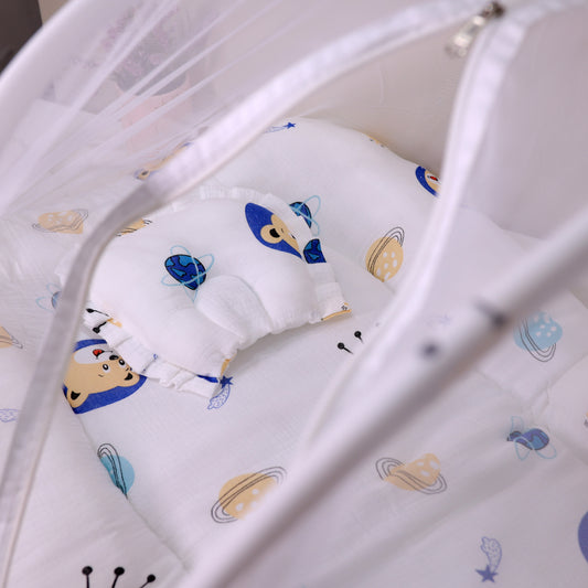 Pure Muslin Foldable Baby Mosquito Net Bed with Mattress and Pillow – Space Print