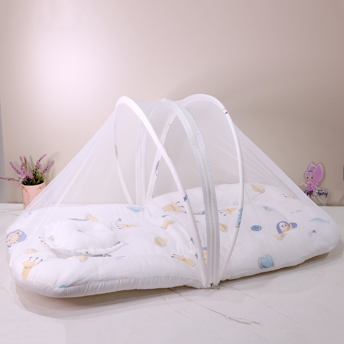 Pure Muslin Foldable Baby Mosquito Net Bed with Mattress and Pillow – Space Print