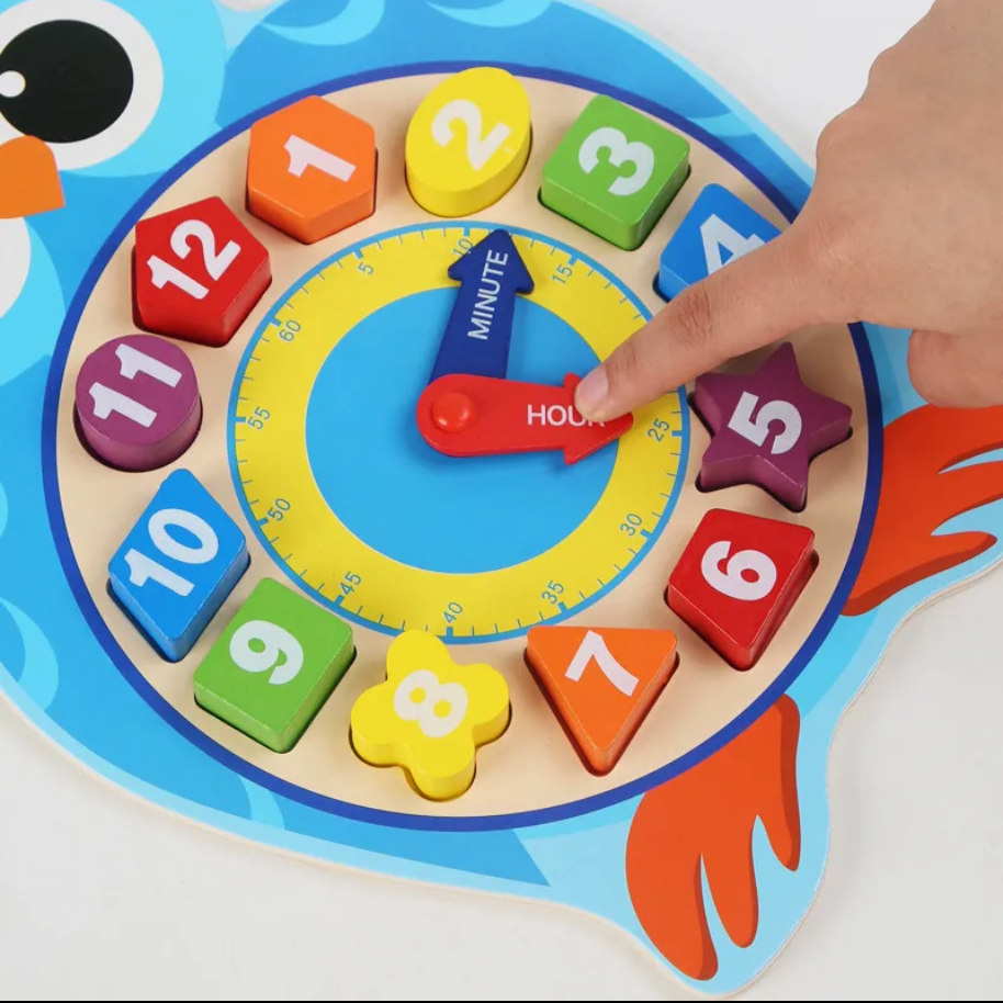 Wooden Learning Clock Block Puzzle Board – Number & Time Teaching Toy