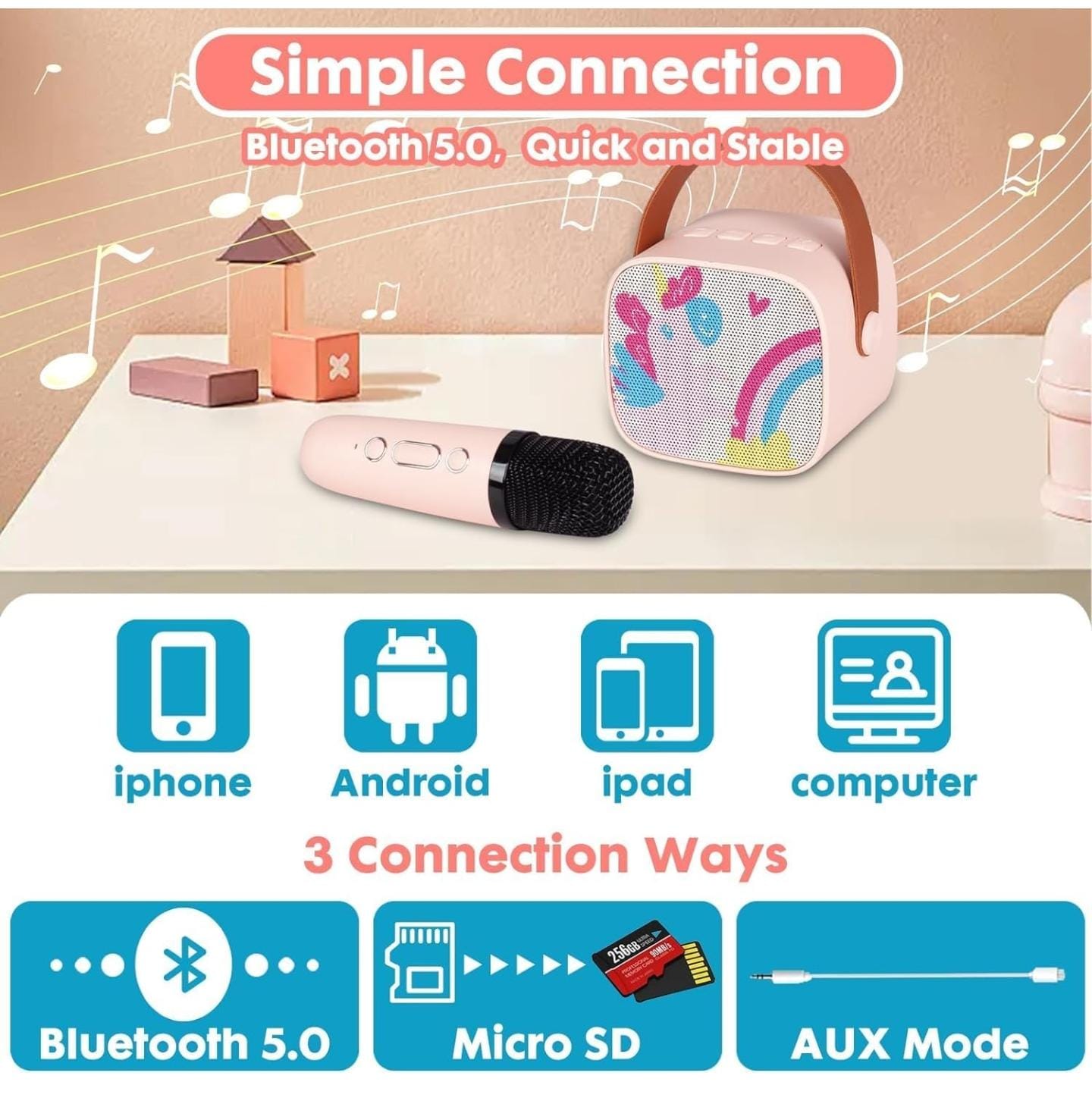 Premium Kids Portable Bluetooth Karaoke Speaker with Wireless Microphone
