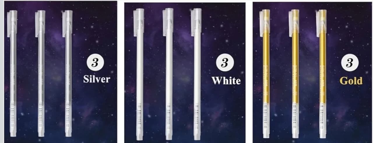 Metallic Sketch Gel Pens – Gold, Silver & White (0.6mm, Pack of 9)