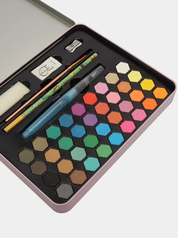36 Color Solid Watercolor Cakes Set with Brush, Pencil, Sharpener & Sponge