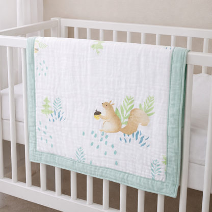 Baby Cotton Muslin Blanket – Cute Squirrel Print Soft Baby Swaddle