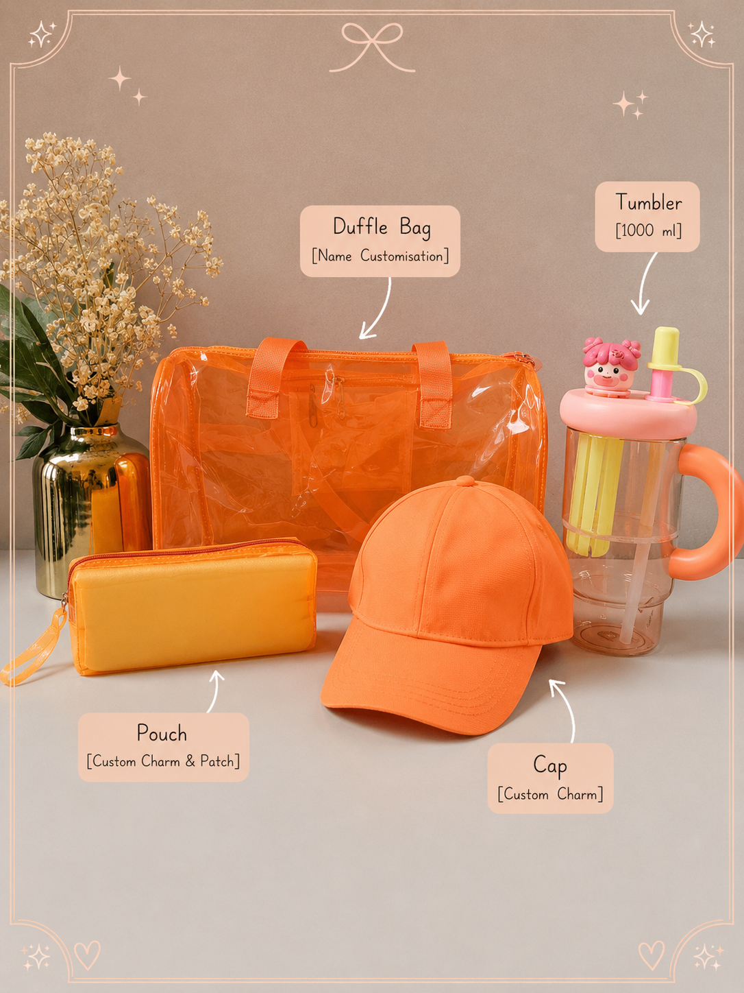 Personalised Rakhi Hamper | Custom Duffle Bag, Cap, Pouch & 1000ml Tumbler | Blue, Purple, Pink & Orange