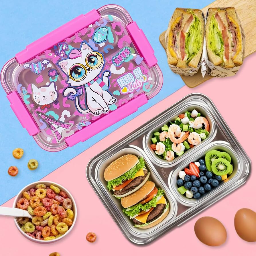Premium Stainless Steel Bento Lunch Box for Kids | 710ml (23.5oz) | Leak-Proof 3 Compartment | BPA-Free | Kitty Print