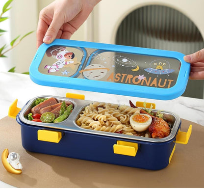 Kids Lunch Box with 2 Compartments | 600ml Stainless Steel Slim Compact Tiffin | Leakproof School Tiffin Dabba Box for Boys & Girls with Spoon & Fork | Lightweight -Space, Dino, Unicorn Prints.