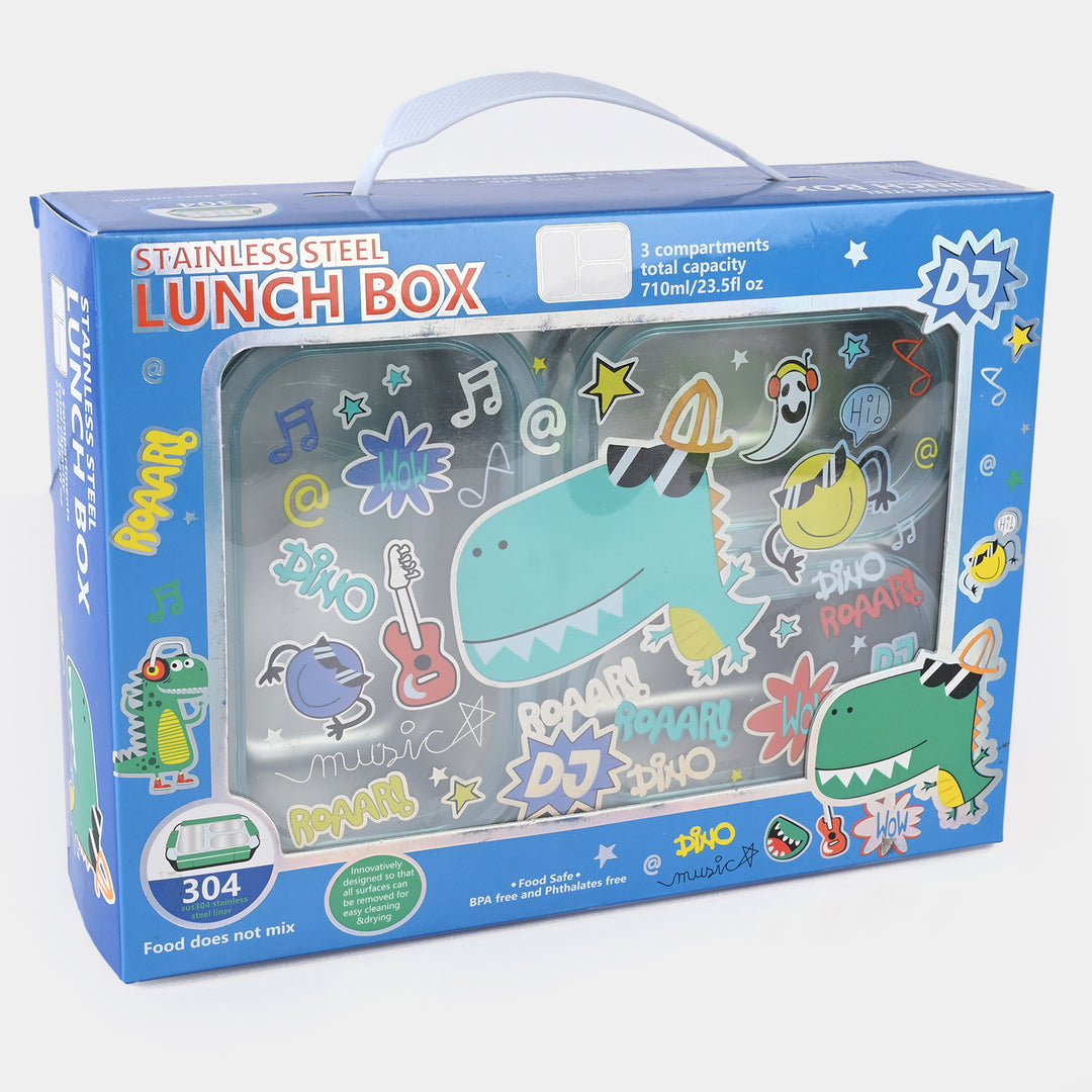Premium Stainless Steel Bento Lunch Box for Kids | 710ml (23.5oz) | Leak-Proof 3 Compartment | BPA-Free | Dino Print.