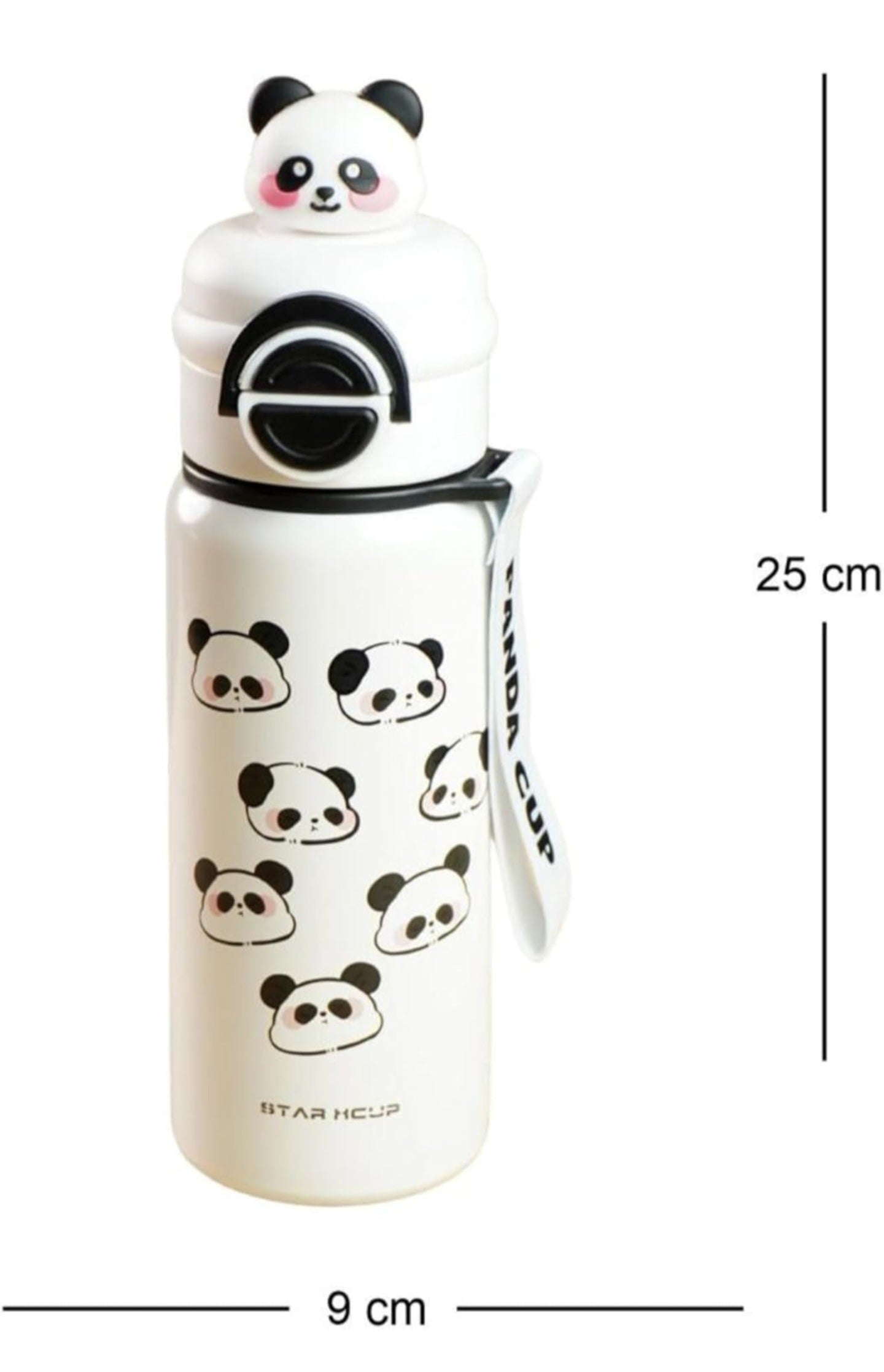Cute Panda Water Bottle for School Kids (500ml) | Leak-Proof | Flip Cap & Strap |Dual Cap | Stainless Steel Bottle for Boys & Girls (White)