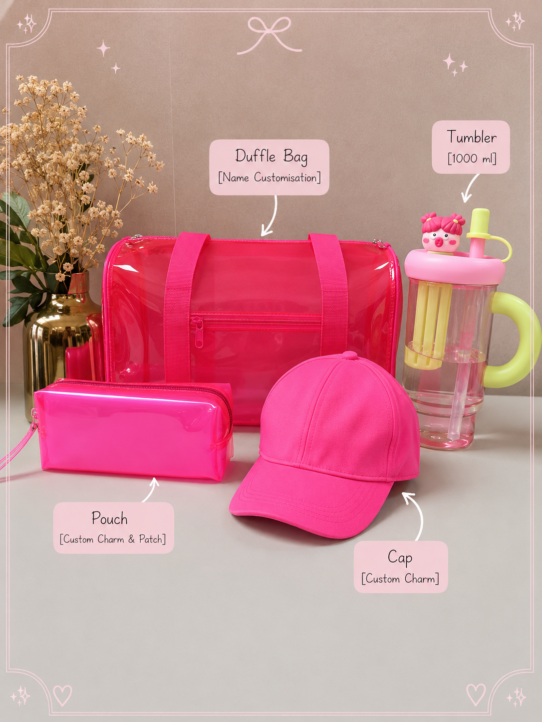 Personalised Rakhi Hamper | Custom Duffle Bag, Cap, Pouch & 1000ml Tumbler | Blue, Purple, Pink & Orange