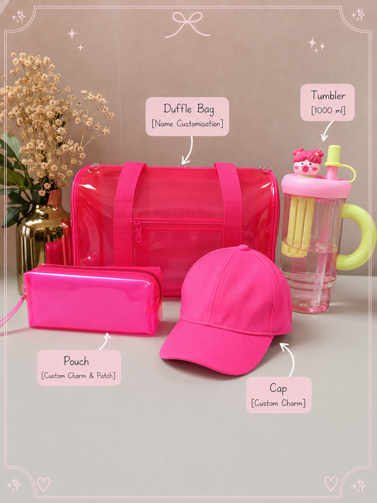 Personalised Rakhi Hamper | Custom Duffle Bag, Cap, Pouch & 1000ml Tumbler | Blue, Purple, Pink & Orange