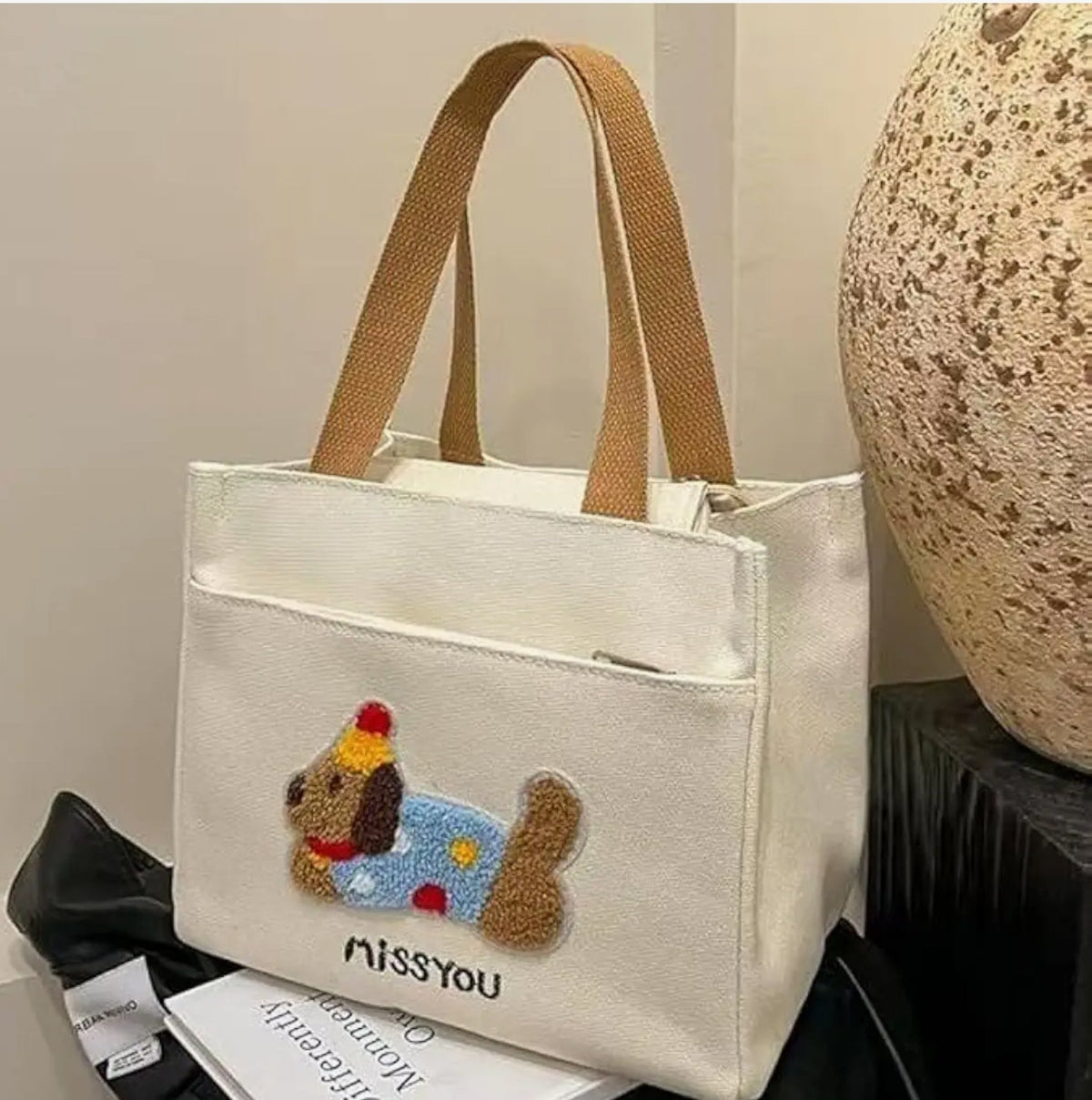 Cute Dog Embroidered Canvas Tote Bag | Everyday Shoulder Bag