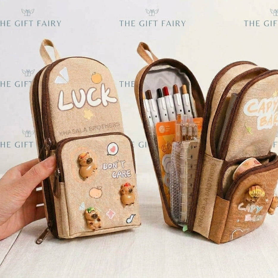 Double-Layer Multi-Pocket Standing Pencil Pouch.