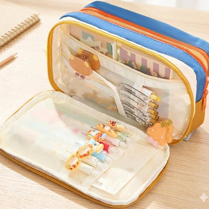 Cute 3-Layer Mesh Pencil Pouch with Fluffy Star Charms – Pastel & Colorful Design
