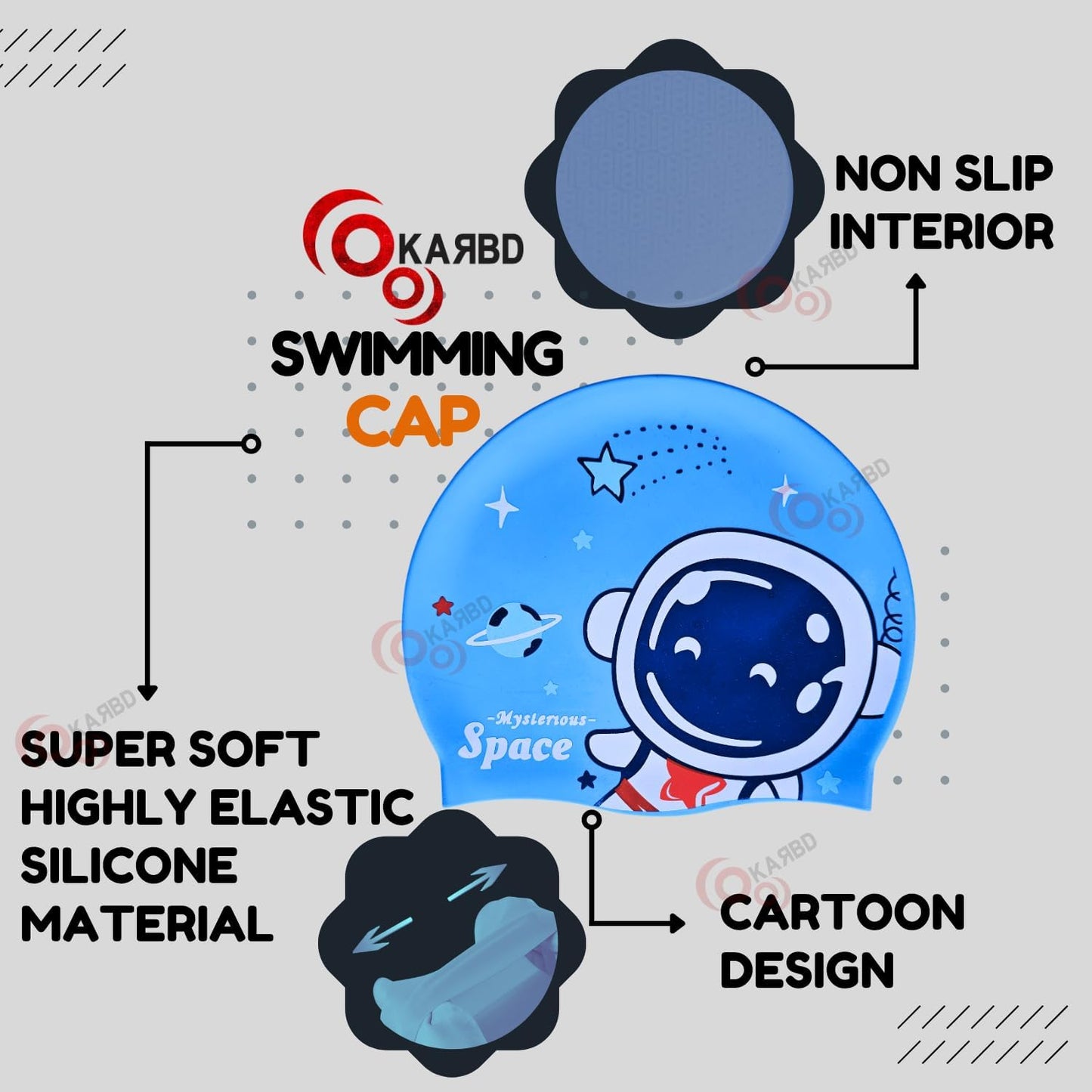 Silicone Swimming Cap Unisex Waterproof Swimming Pool Head Cap Water Sports for Children Kids Boys Girls (Non Slip Interior Cartoon Design, Universal Size, Blue Mysterious Space Super Soft)