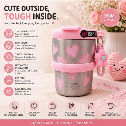 Korean Flower Charm Travel Tumbler 350ml | Cute Portable Coffee Cup