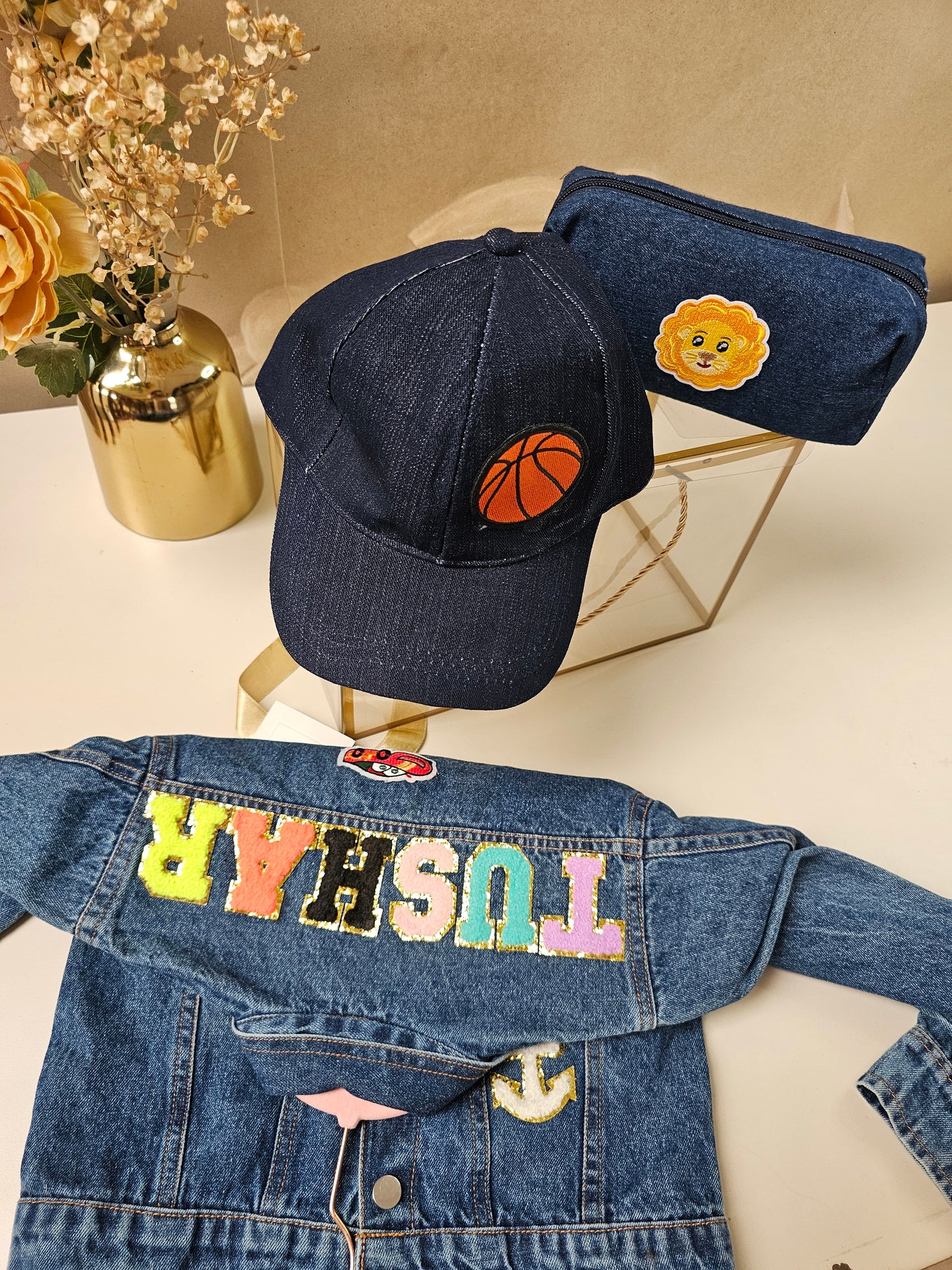 Personalised Kids Denim Jacket Hamper with Cap & Pouch | Custom Name Gift Box