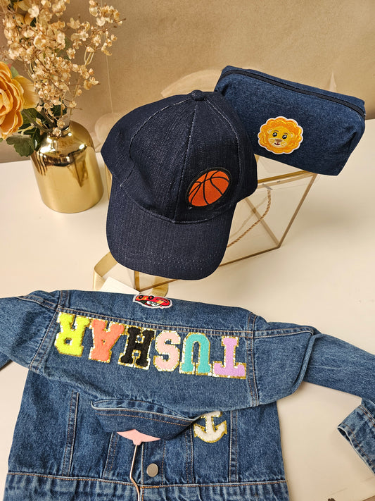Personalised Kids Denim Jacket Hamper with Cap & Pouch | Custom Name Gift Box