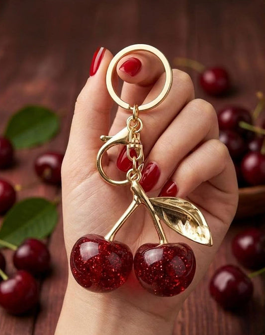Glitter Cherry Keychain, Red Crystal Resin Charm, Gold-Tone Metal Leaf, Lobster Clasp, 67mm Pendant, Bag Accessory