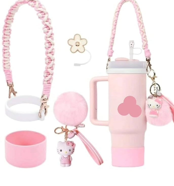 Kawaii Stanley Tumbler Accessories Set with Braided Handle Strap, Silicone Boot & Cute Charm | 40oz