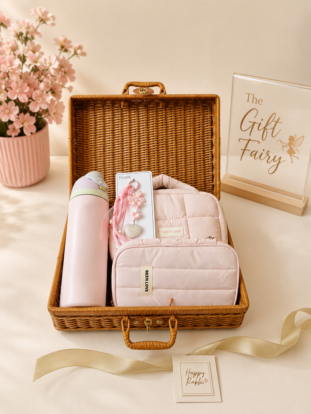 Rakhi Hamper for Sister | Blush Pink Luxury Gift Hamper with Cane Basket