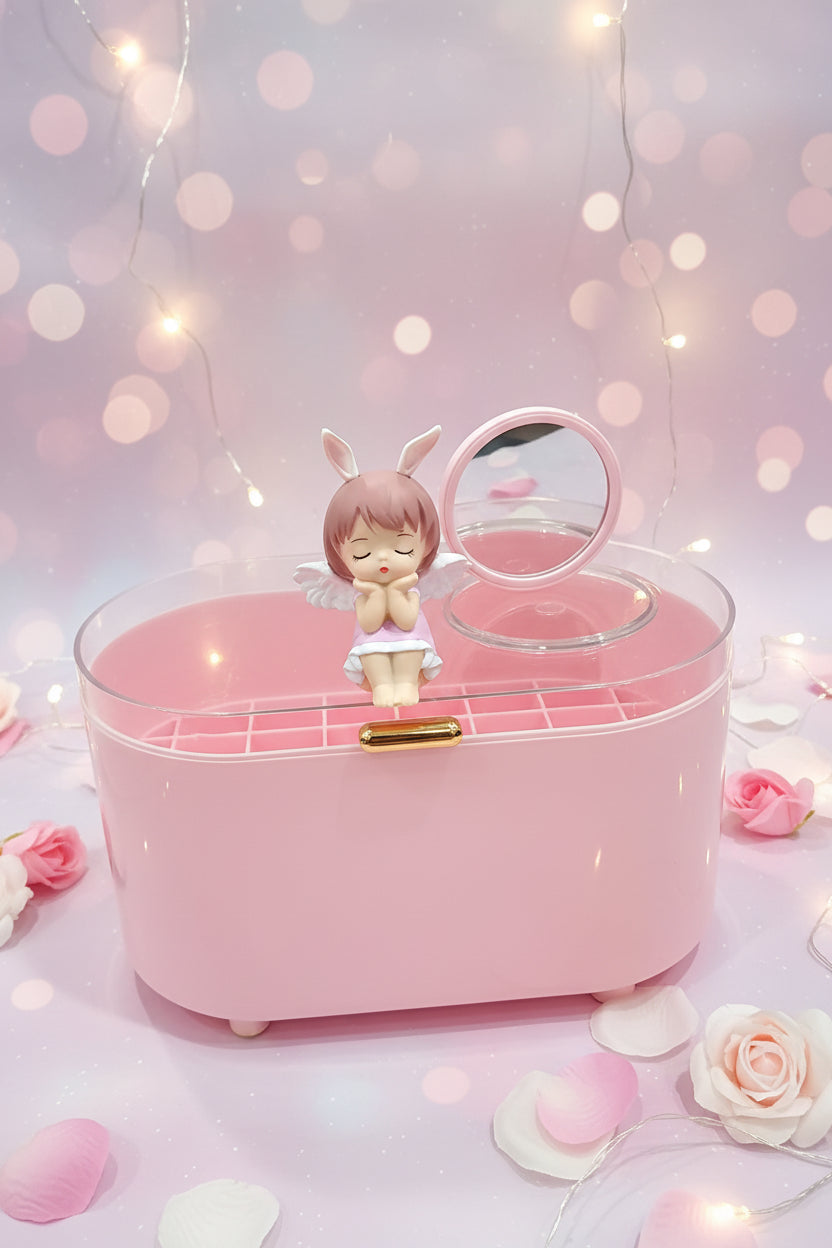 Pinteresty Pink/White Makeup Organiser Box with Transparent Lid & Mirror.