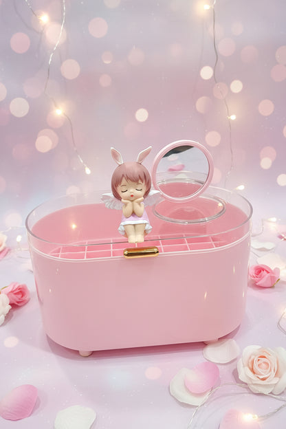 Pinteresty Pink/White Makeup Organiser Box with Transparent Lid & Mirror.