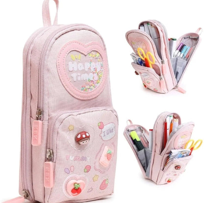 Cute Kawaii 3-Compartment Pencil Pouch – Heart & Glitter Design