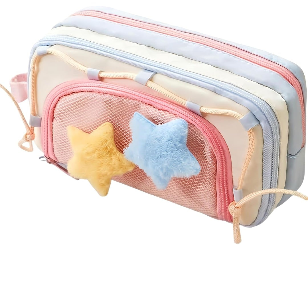 Cute 3-Layer Mesh Pencil Pouch with Fluffy Star Charms – Pastel & Colorful Design