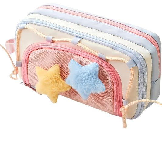 Cute 3-Layer Mesh Pencil Pouch with Fluffy Star Charms – Pastel & Colorful Design