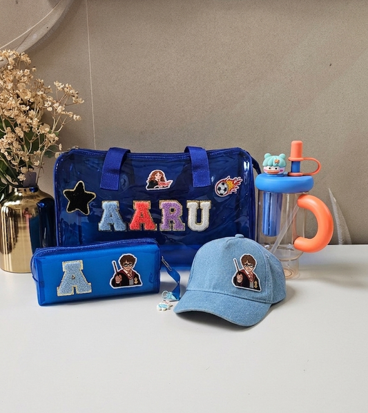 Personalised Rakhi Hamper | Custom Duffle Bag, Cap, Pouch & 1000ml Tumbler | Blue, Purple, Pink & Orange
