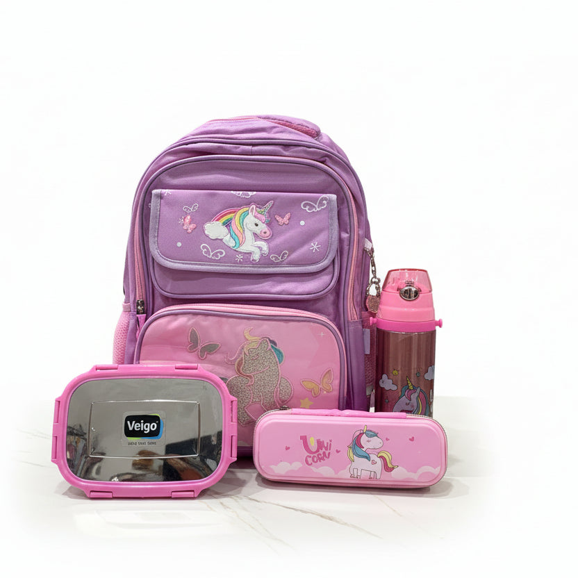 Premium Unicorn School Backpack Set for Girls – 4 Pc Combo (Backpack, Lunch Box, Pencil Case & Bottle) [Pink]