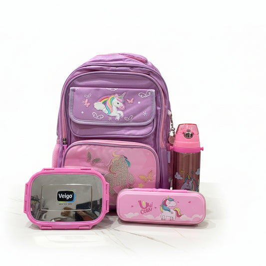 Premium Unicorn School Backpack Set for Girls – 4 Pc Combo (Backpack, Lunch Box, Pencil Case & Bottle) [Pink]