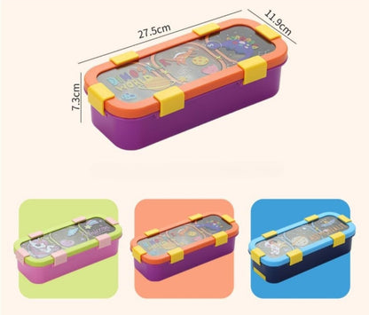 Kids Lunch Box with 2 Compartments | 600ml Stainless Steel Slim Compact Tiffin | Leakproof School Tiffin Dabba Box for Boys & Girls with Spoon & Fork | Lightweight -Space, Dino, Unicorn Prints.