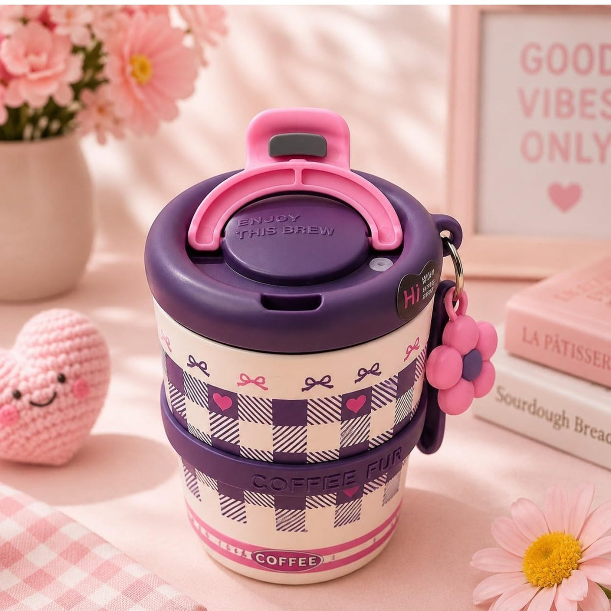 Korean Flower Charm Travel Tumbler 350ml | Cute Portable Coffee Cup