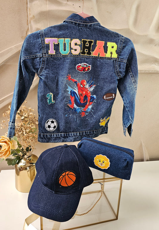 Personalised Kids Denim Jacket Hamper with Cap & Pouch | Custom Name Gift Box