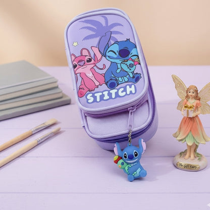 Double-Layer Cartoon Pencil Pouch with Cute Keychain for Kids