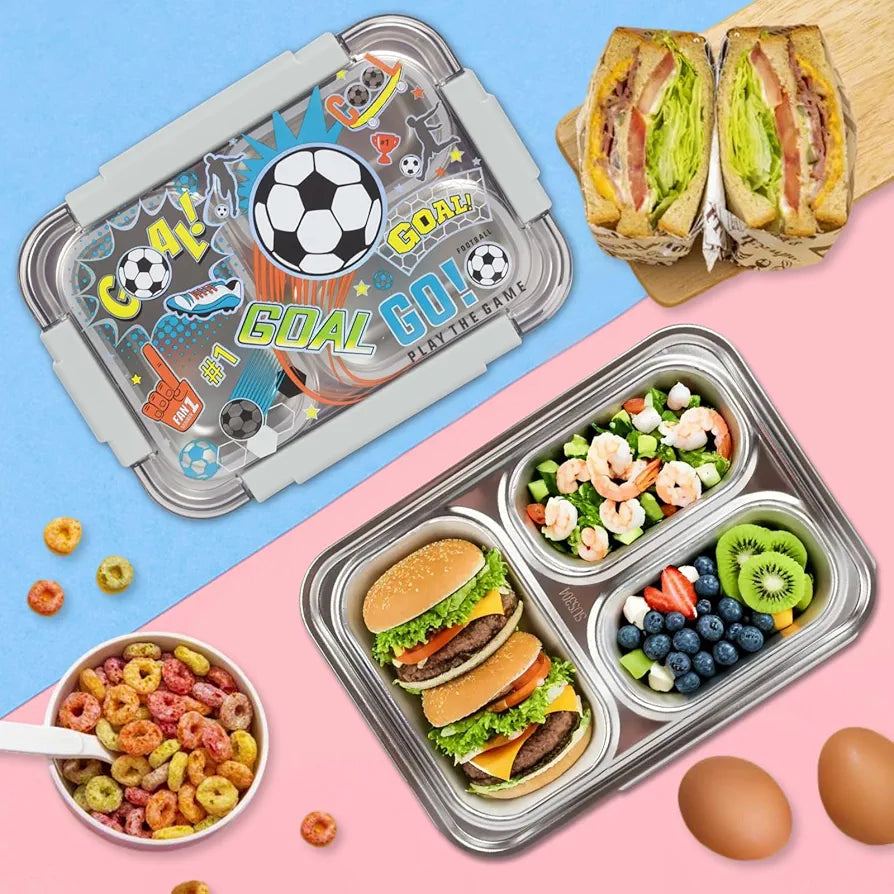 Vest Premium Stainless Steel Bento Lunch Box for Kids | 710ml (23.5oz) | Leak-Proof 3 Compartment | BPA-Free | Football Print