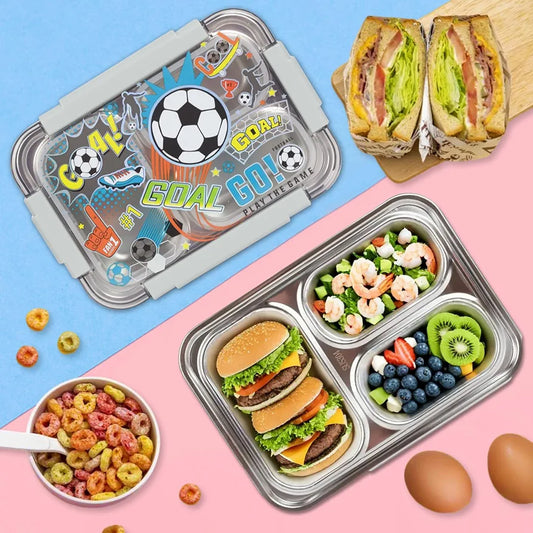 Vest Premium Stainless Steel Bento Lunch Box for Kids | 710ml (23.5oz) | Leak-Proof 3 Compartment | BPA-Free | Football Print