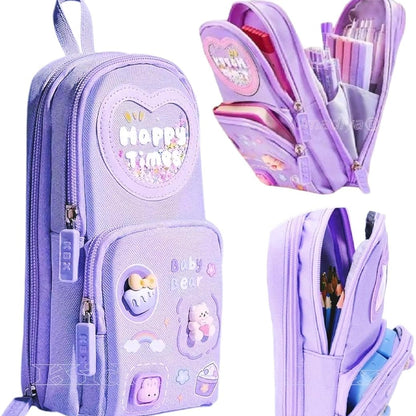 Cute Kawaii 3-Compartment Pencil Pouch – Heart & Glitter Design