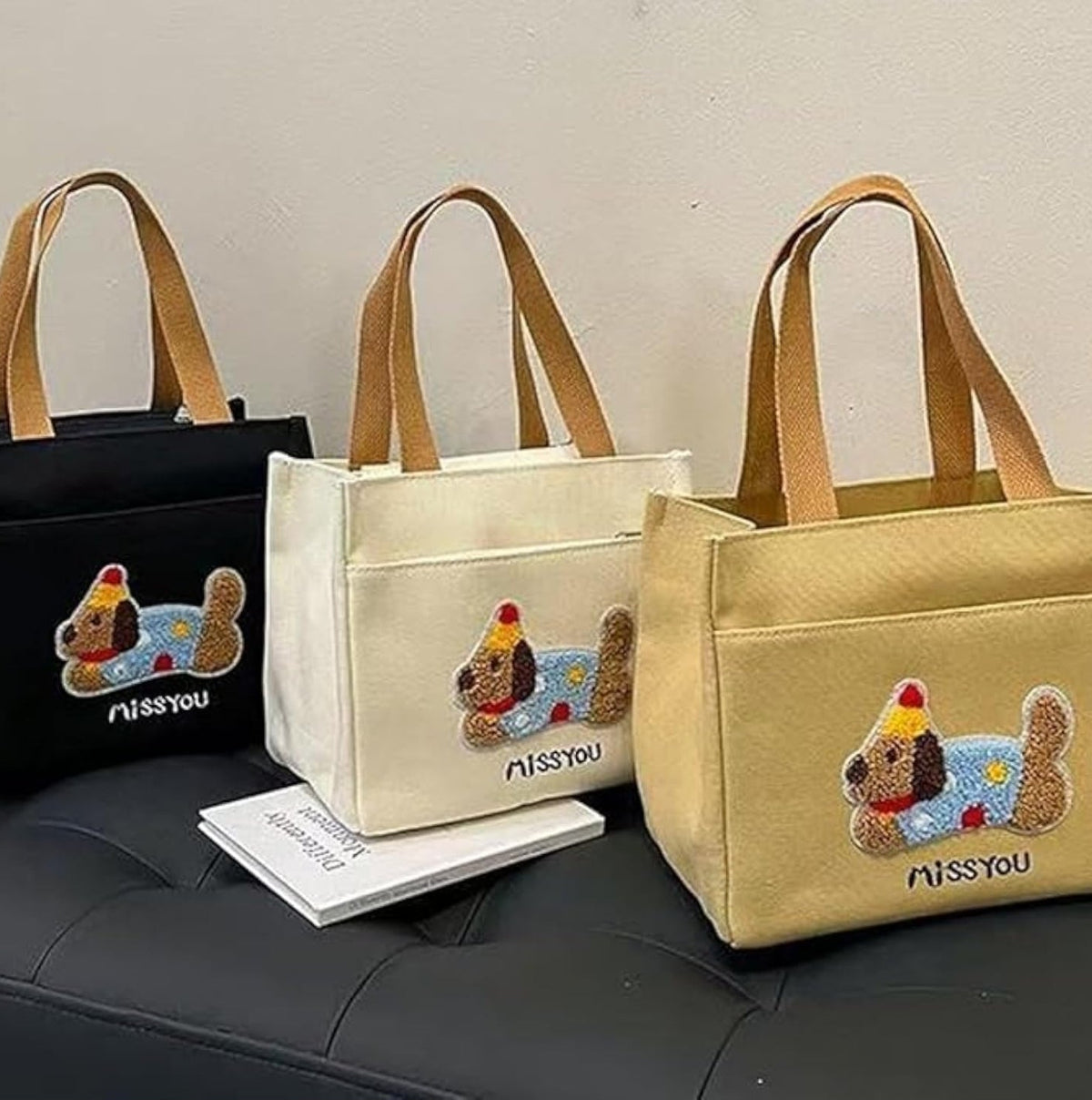 Cute Dog Embroidered Canvas Tote Bag | Everyday Shoulder Bag