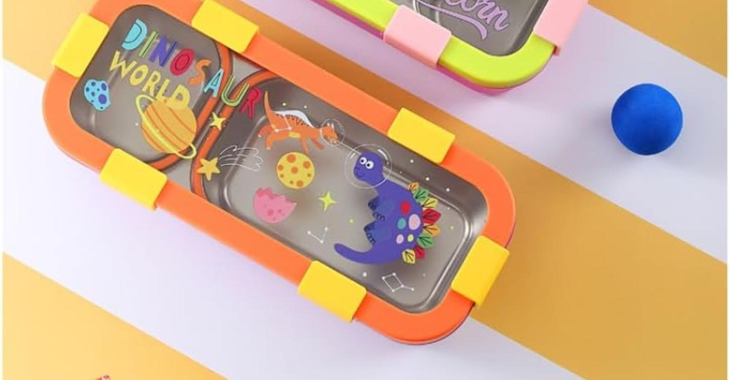 Kids Lunch Box with 2 Compartments | 600ml Stainless Steel Slim Compact Tiffin | Leakproof School Tiffin Dabba Box for Boys & Girls with Spoon & Fork | Lightweight -Space, Dino, Unicorn Prints.