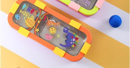Kids Lunch Box with 2 Compartments | 600ml Stainless Steel Slim Compact Tiffin | Leakproof School Tiffin Dabba Box for Boys & Girls with Spoon & Fork | Lightweight -Space, Dino, Unicorn Prints.